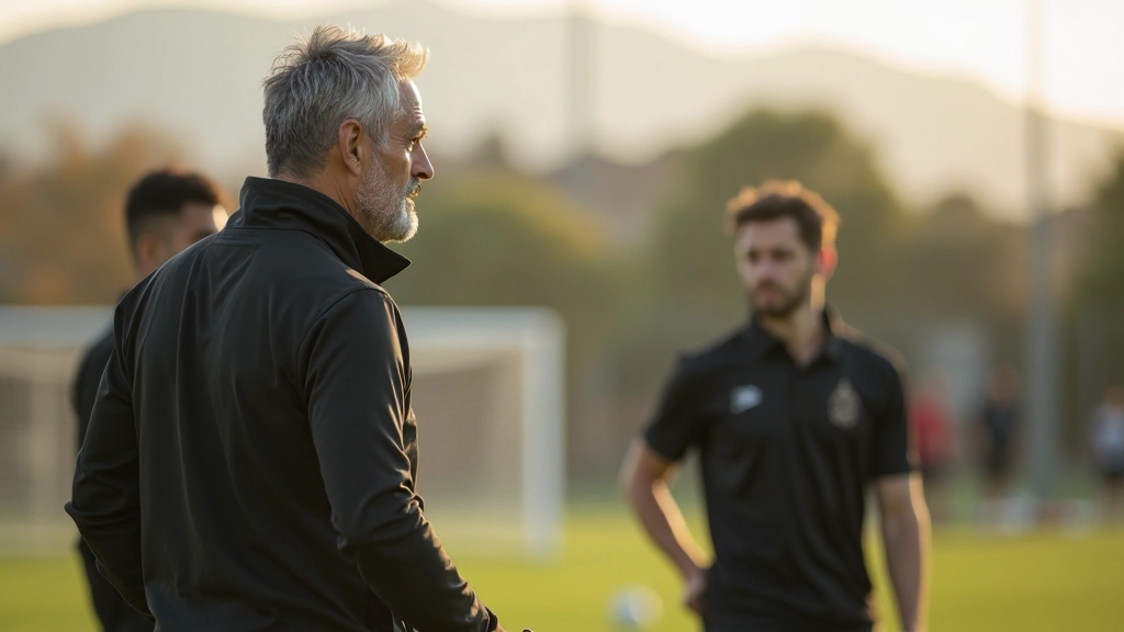 Soccer coach instructing players on tactical positioning during team training
