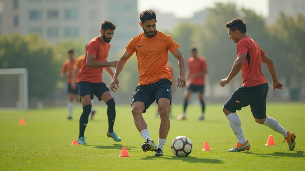Professional football players executing tactical positioning during training drill with tactical markers