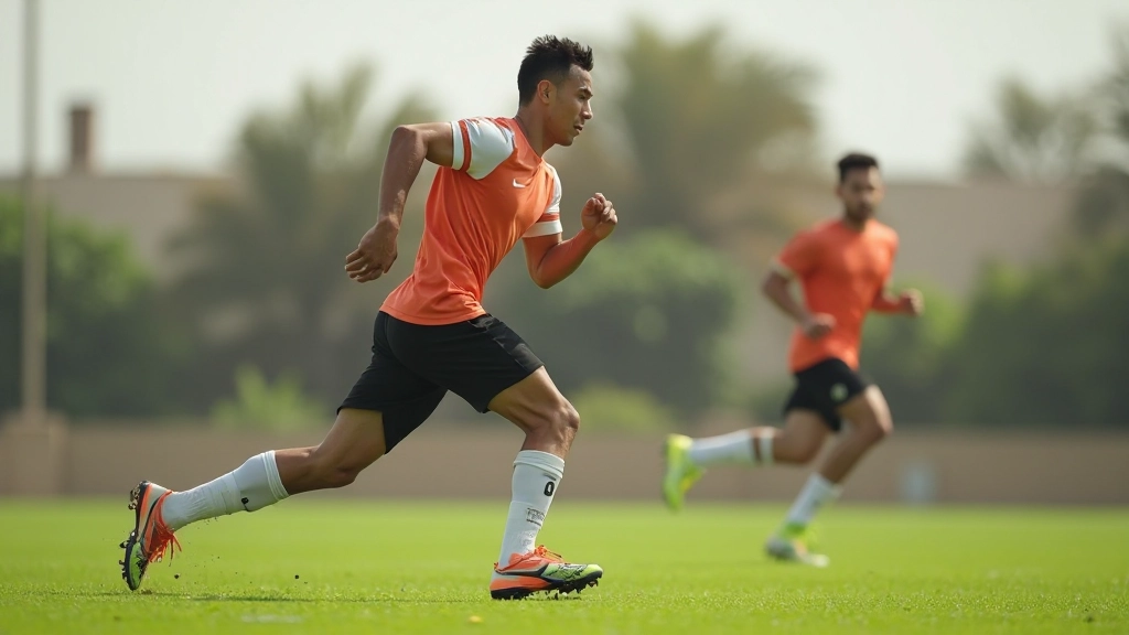 Professional football player performing acceleration sprint drill on training field