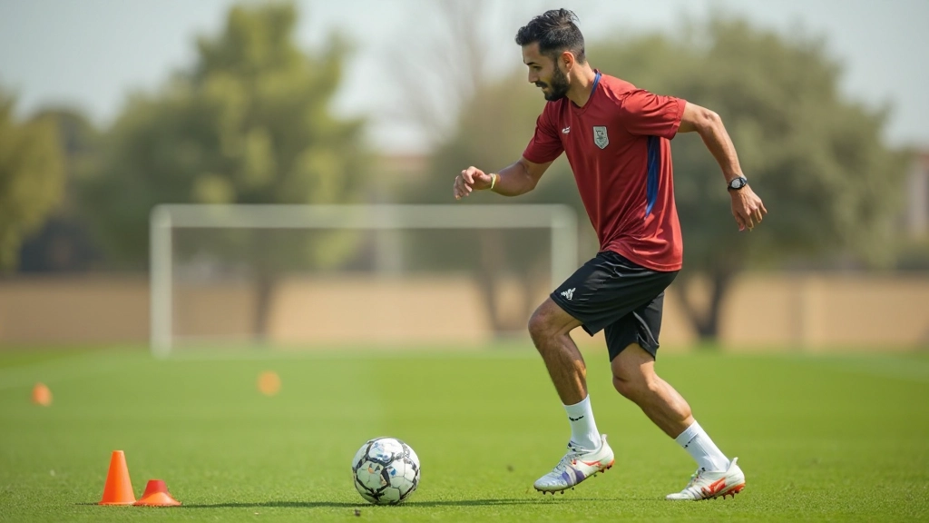 Football player performing speed and agility training exercises with cones