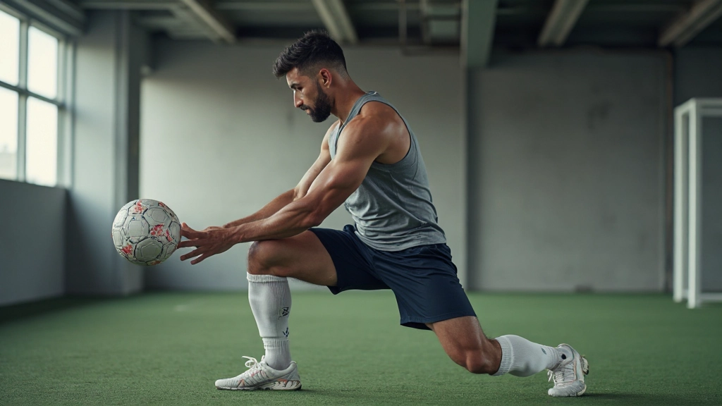 Professional athlete performing post-training recovery stretching and mobility work in modern gym facility